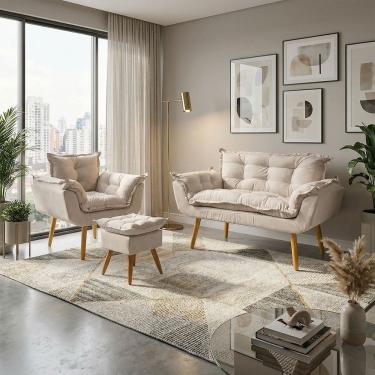 Imagem de Kit Namoradeira Poltrona e Puff Decorativo Para Sala Recepção Manicure Consultório Alice Tecido Suede