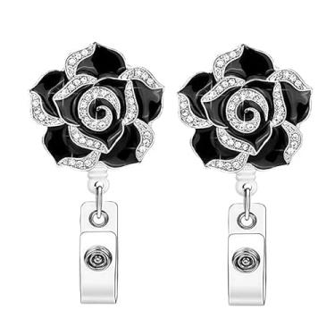 Imagem de 2 peças de porta-crachá de flor retrátil preto, carretel de crachá de diamante de flor rosa de luxo com clipe jacaré, carretel de crachá de cartão de identificação rosa com glitter para enfermeiras