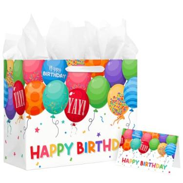 Imagem de Happy Birthday Gift Bag with Card & Tissue Paper - Balloon Pattern Party Favor Birthday Bag for Kids, Medium Size 13x10.2x4.9 Inches, Ideal for Birthday Presents & Decorations