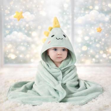 Imagem de Toalha de Banho para Bebê com Capuz Macia Absorvente Aconchegante Secagem Rápida Confortável (Verde)