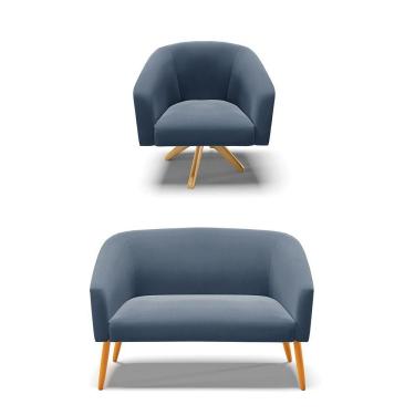 Imagem de Kit 1 Namoradeira E 1 Poltrona Base Madeira Azul Marinho
