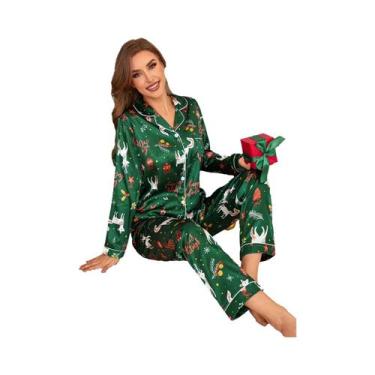 Imagem de Conjunto De Pijama De Cetim Com Estampa De Rena De Natal Para Adultos,