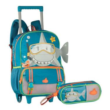 Imagem de Kit Mochila De Rodinhas Tubarão Com Estampa Interativa e Estojo Escola