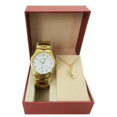 Imagem de Kit Relógio Feminino Skmei SK002 Dourado Analógico Colar Brinde  Luxo 