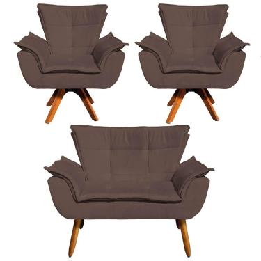 Imagem de Kit Namoradeira E 2 Poltronas Base Giratória Madeira Opla Suede Marrom - Ibiza