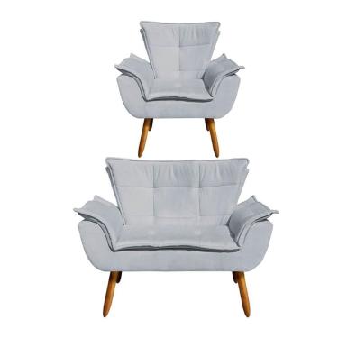 Imagem de Kit Namoradeira 2 Lugares E 1 Poltrona Decorativa Pés Palito Opla Suede Cinza - Ibiza