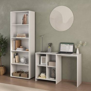 Imagem de Conjunto Sala de Estar com 1 Escrivaninha e Estante 5 Prateleiras Multy Branco