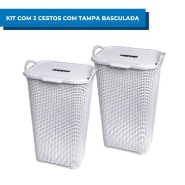 Imagem de Kit 2 Cestos Rattan Com Tampa Basculada Branco 50L - Arqplast