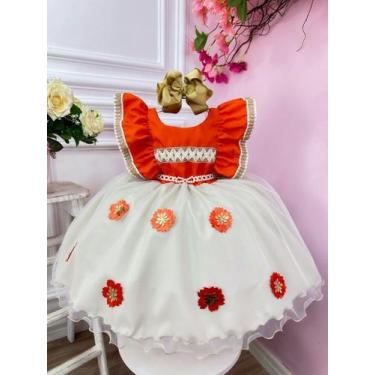 Imagem de Vestido Infantil Moana Laranja C/ Apliques Flores Festas (1322LF) - Ba