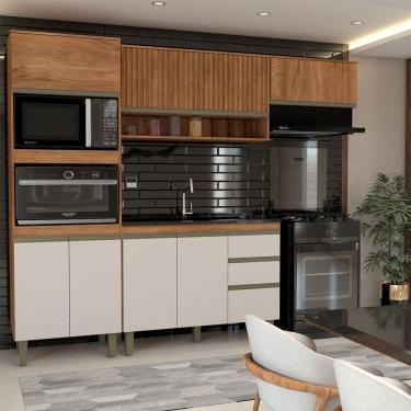 Imagem de Cozinha Compacta Modulada 7 Portas 3 Gavetas Ripado Freijó/Off White - Panorama Móveis