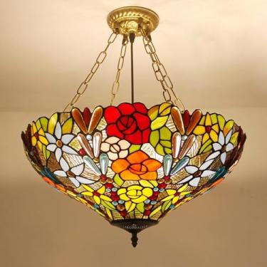 Imagem de Lustre estilo Tiffany de 20 polegadas, luminária pendente vintage feita à mão com vitral, teto LED E27 ajustável em altura para sala de estar, quarto, decoração de sala de jantar, A