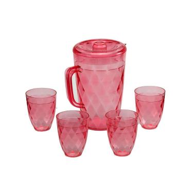 Imagem de Jarra Acrílico Com Tampa 4 Copos Rosa Agua Suco 1250ml