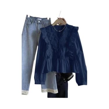 Imagem de Blusa Feminina Casual De Outono Em Cor Sólida Com Renda E Babados, Man