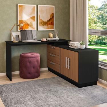 Imagem de Mesa Escrivaninha com Cômoda Rocher 2 Portas 3 Gavetas Preto/Freijó - Pnr Móveis