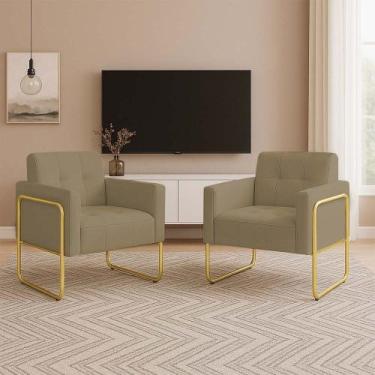 Imagem de Poltrona Sala Industrial Alta Tubo Dourado Kit 2 Elisa Suede Marrom Ra