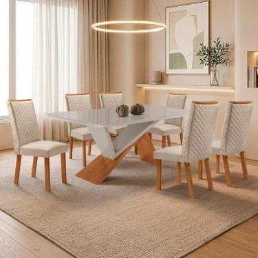 Imagem de Mesa de Jantar Yasmin 180cm Tampo MDF Vidro Canto Copo com 6 Cadeiras 