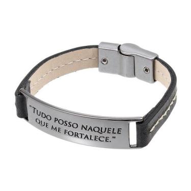 Imagem de Bracelete de Couro Preto "Tudo Posso Naquele que Me Fortalece" Ostral 