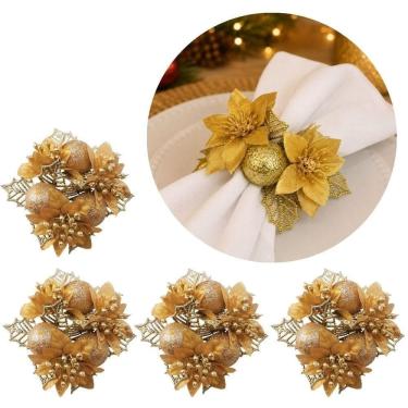 Imagem de Kit 4 Porta Guardanapo Natalino Decorado Dourado 10cm Yangzi