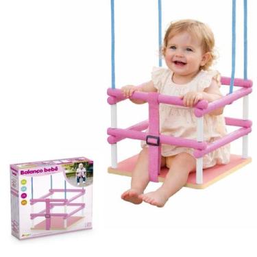Imagem de Balanco infantil madeira rosa 35kg cadeirinha cinto seguranca assento 