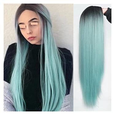 Imagem de Perucas femininas longas e lisas, peruca sintética azul claro para mulheres, peruca mista preta e loira, parte média, cabelo natural, perucas de cabelo humano (cor: I, comprimento esticado: 66 cm)