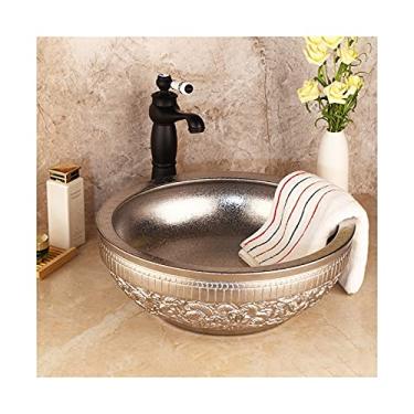 Imagem de jinyi2016SHOP Pias de vaso de banheiro de prata cuba de cerâmica para pia de vaso sanitário e pia de cerâmica para pintura à mão, tigela redonda para lavatórios de armário e banheiro (cor: B)