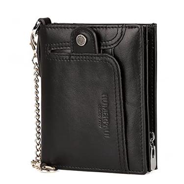 Imagem de Carteira masculina de couro com corrente antifurto, couro genuíno com bloqueio de RFID, carteira vintage de motociclista com zíper duplo, bolso para moedas, Preto, Clássico