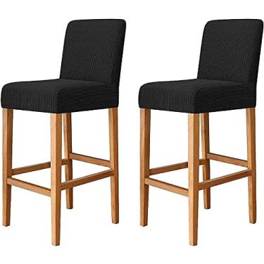 Imagem de Conjunto de 2 capas de cadeira de sala de jantar, capa de banqueta de bar jacquard de cor sólida capa protetora removível para cadeiras de pub com costas curtas (Color : Black)