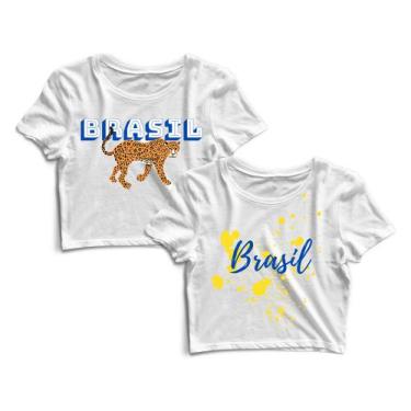Imagem de Kit 2 Blusas Blusinha Cropped Tshirt Camiseta Feminina Brasil Onça - G