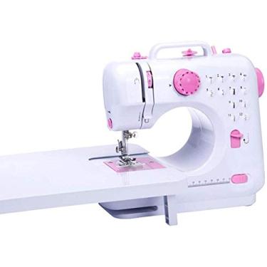 Imagem de Máquina de costura portátil elétrica overlock máquina para iniciantes 12 pontos integrados para viagens domésticas iniciantes (com mesa e kit de costura) (cor: rosa)-rosa atualizado
