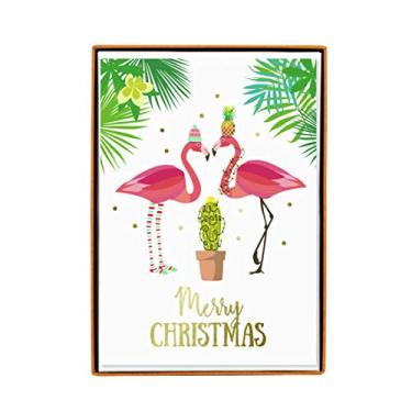 Imagem de Graphique Cartões de Natal Flamingos de Natal – Pacote com 15 cartões com envelopes – Saudações de Natal – Folha dourada e glitter – Tropical – Conjunto em caixa – 12 cm x 16,8 cm