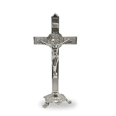 Imagem de Crucifixo Em Metal Para Parede E Mesa Resinado 20cm Estilizado com Pedestal Cruz Moderna Decoração para Altar Prata
