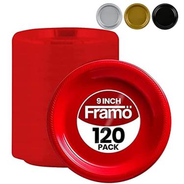Imagem de Pratos de plástico vermelhos descartáveis para todas as ocasiões, pacote de 120 - 23 cm Pratos redondos de plástico para eventos especiais, festas, jantares, piqueniques ou viagens – Pacote a granel de pratos de plástico – Pode ir ao micro-ondas
