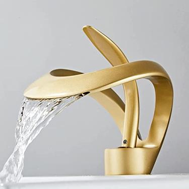 Imagem de Torneira de pia de banheiro, torneira de banheiro cachoeira para pia de banheiro, torneira misturadora de lavatório de água quente e fria única, torneiras de banheiro de latão para pia 1 furo,