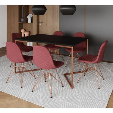 Imagem de Mesa Industrial Retangular Preta Base V Cobre 137x90cm C/ 6 Cadeiras Estofadas Vermelhas Eames Cobre
