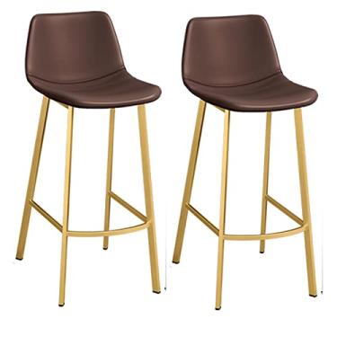 Imagem de Cadeiras de jantar cadeiras de sala de jantar conjunto de 2 bancos de bar de couro PU cadeira de café da manhã com moldura dourada elegante para bar de café da manhã, cozinha e banquetas de bar em casa, tudo está bem