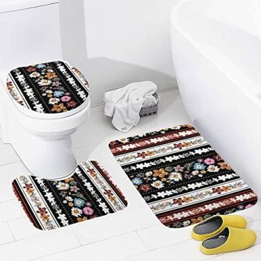 Imagem de Conjunto de 3 peças de tapetes de banheiro com listras boho, flores coloridas, tapete antiderrapante, tapete de contorno e tampa para banheiro