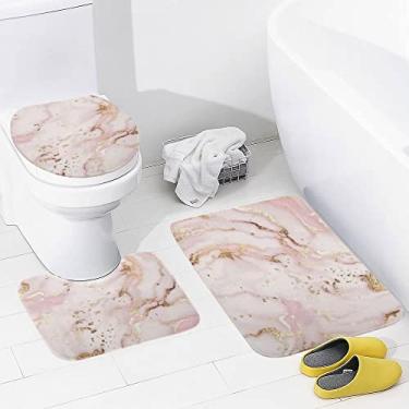 Imagem de Conjunto de tapetes de banheiro 3 peças abstrato rosa dourado mármore textura lavável tapete antiderrapante tapete de contorno e tampa para banheiro