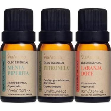 Imagem de Kit 3 Óleos Essenciais Via Aroma 100% Puros Clássicos Naturais Para Difusor, Massagem e Aromaterapia Escolha o seu (Menta Piperita+Laranja Doce+Citronela)