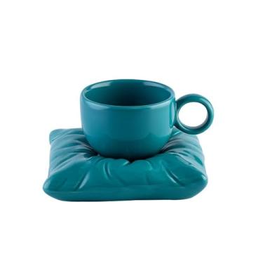 Imagem de Xícaras de chá e pires, caneca de café com pires de travesseiro, conjunto de canecas de café com porta-copos 220 ml, xícara de chá criativa para leite latte e chá - azul escuro