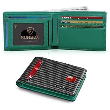 Imagem de RUNBOX Carteira masculina fina com 11 compartimentos para cartão de crédito, couro com bloqueio de RFID, pequena, fina, dobrável, bolso frontal, caixa de presente de grande capacidade, preto carbono
