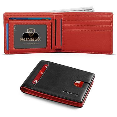 Imagem de RUNBOX Carteira masculina fina com 11 compartimentos para cartão de crédito, couro com bloqueio de RFID, pequena, fina, dobrável, bolso frontal, caixa de presente de grande capacidade, Clássico preto