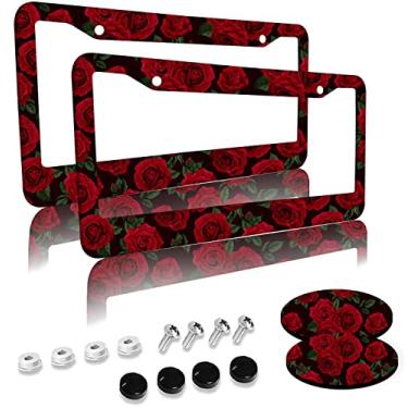 Imagem de Red Rose Flower License Plate Frames 2 Pack 2 Holes Aluminum License Plate Cover with 2 Pcs Car Coasters and Screw and Black Screw Caps for Girl Women Men Gifts
