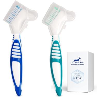 Imagem de Mckkor Conjunto de escova de limpeza de dentadura com suporte de escova de dentadura à prova de poeira – Conjunto de escova de dentes para limpeza de dentadura – Cerdas multicamadas e cabo de borracha