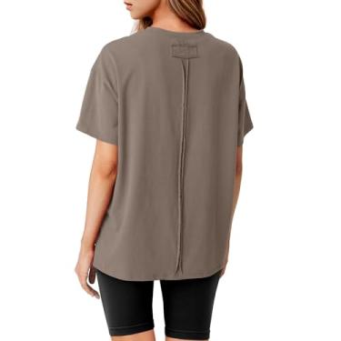 Imagem de Lepunuo Camisetas femininas grandes para o verão 2024 da moda algodão casual ajuste solto manga curta fenda lateral camisetas, Cinza-café, GG