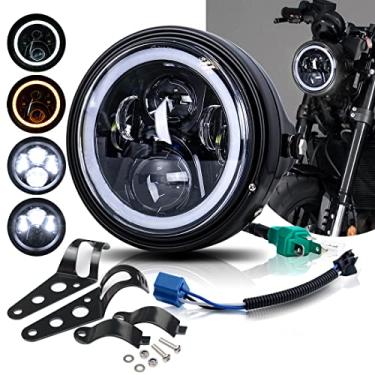 Imagem de BWCarid Farol redondo de motocicleta LED de 17,8 cm com caixa de seta e balde, anel de auréola DRL, olhos angulares, farol alto/baixo com suporte de garfo dianteiro para motocicleta H-arley Honda Yamaha