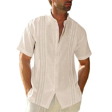 Imagem de Camisetas masculinas de manga curta Guayabera de linho algodão abotoado mexicano bordado cubano casamento tops verão, X-bege, M