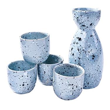 Imagem de LMRLCS Conjunto de 5 de cerâmica de saquê japonês com 1 garrafa de saquê e 4 copos de saquê para saquê e azul vinho