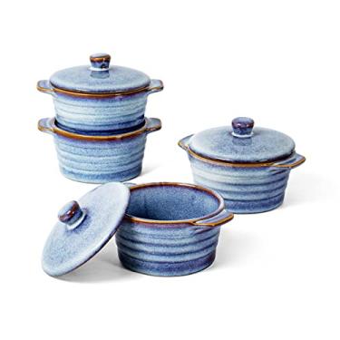 Imagem de UNICASA Mini Cocotte Conjunto de 4, Mini Caçarola de 236 ml com Tampa, Esmalte Reativo Azul Claro, Segura para Forno e Microondas, Lavar Louça