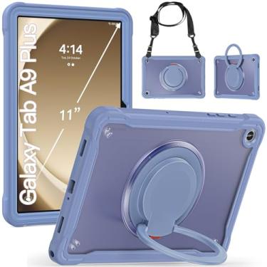 Imagem de Estojo protetor Capa compatível com Samsung Galaxy Tab A9 Plus (2023) SM-X210/216B, PC rígido + capa fina TPU, alça giratória de 360 ​​graus, suporte de suporte, capa robusta para serviço pesado com a