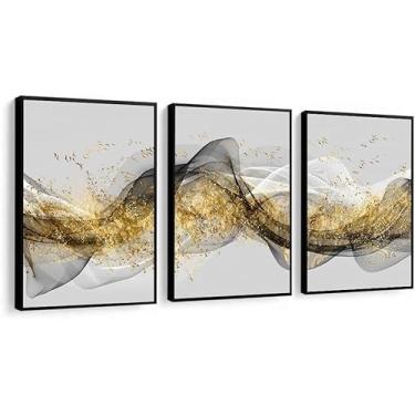 Imagem de Quadro Decorativo Abstrato Cinza Gold luxo moderno Sala Com Moldura e vidro (Madeira, 60x80)